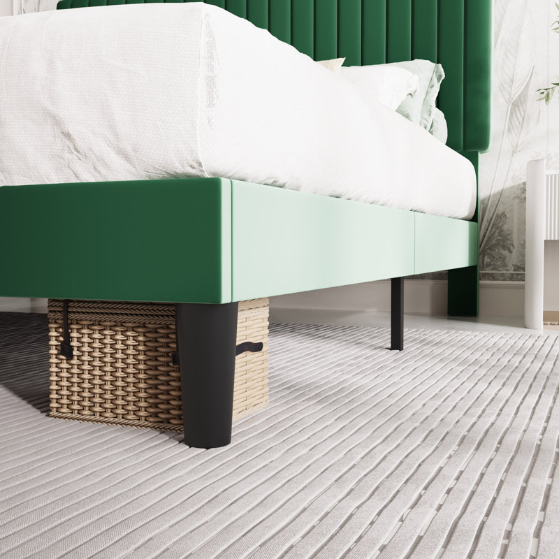 Queen Green Velvet Upholstered Platform Bed with Adjustable Headboard