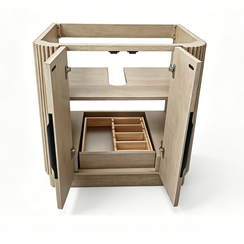 Base de meuble-lavabo moderne en bois massif 28 po à double porte cannelée, assemblage requis, Blanc antique, Nickel brossé