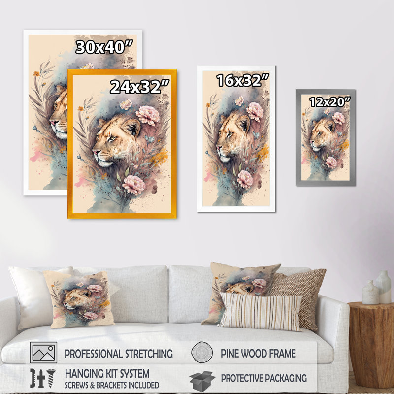 «Cute Lions Floral 3», impression sur toile, Cadre photo noir, H 20 po x l 12 po x P 1 po