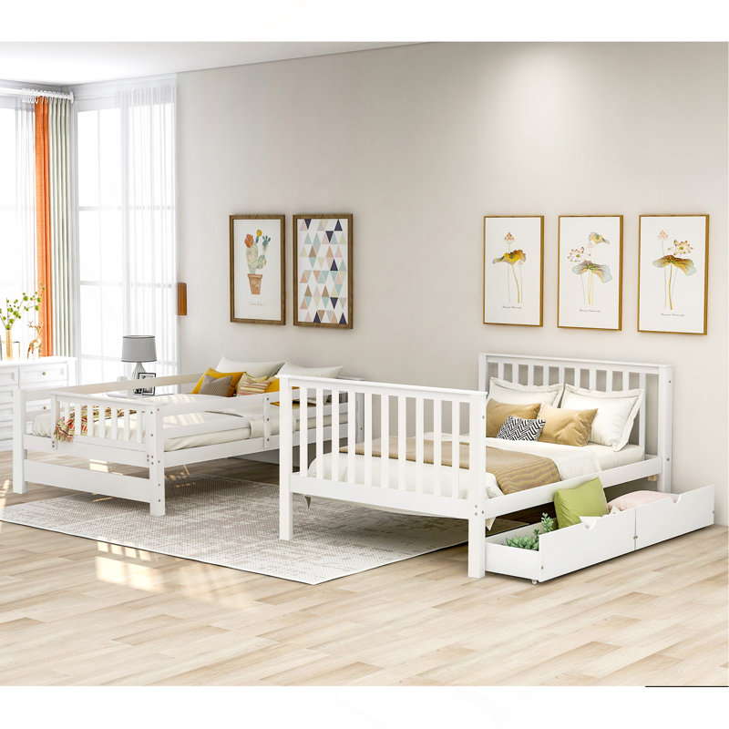 Full Over Full Bunk Bed With Shelves And 6 Storage Drawers, White