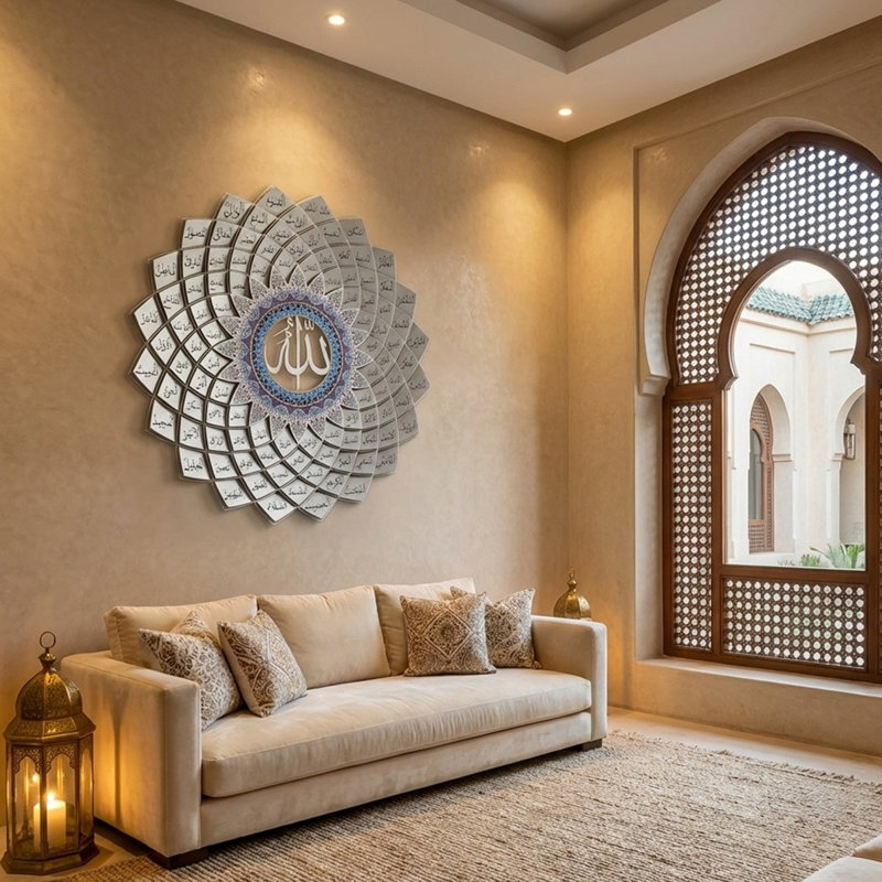 Décoration murale 3D en métal 99 noms d'Allah - Art mural islamique, H 19 po x l 19 po x P 2 po, Argent