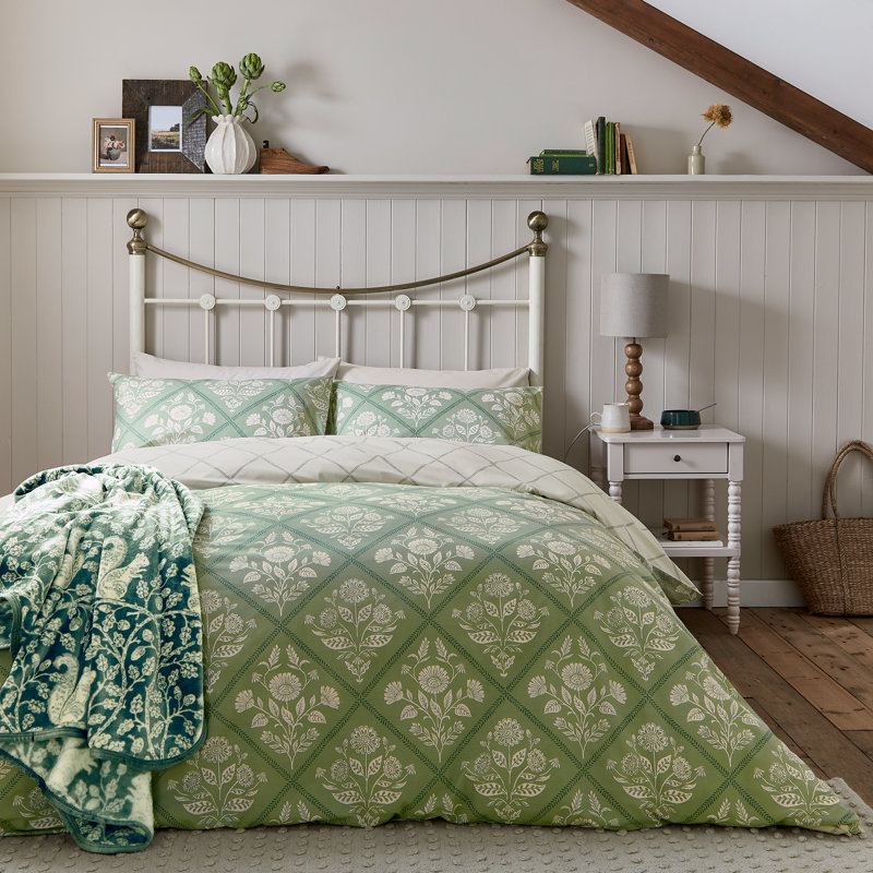 Folk Trellis Cotton Duvet Cover Set, Double Duvet Cover Set + 2 Pillowcases, Green