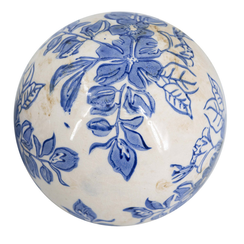 S / 4 Boules décoratives en céramique bleues et blanches 4 x 4 x 3,5 po avec motifs floraux