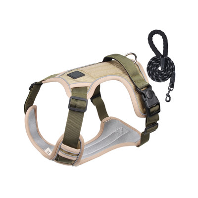 Reflective Breathable Pet Leash Harness Vest, Neck 18.5-25.2in Chest 21.26-27.5in, Khaki