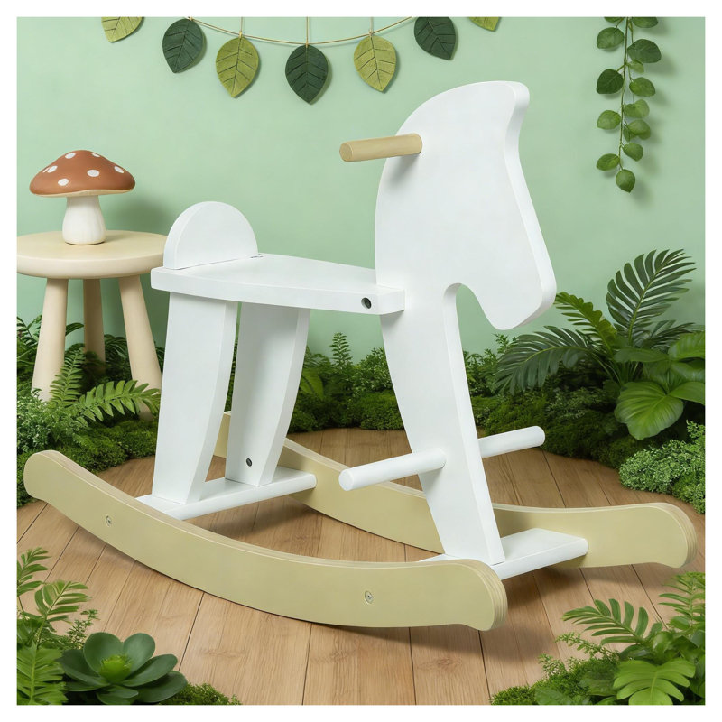 Cheval à bascule en bois blanc classique pour tout-petits avec panneau de fibres à densité moyenne et fabrication en bois massif