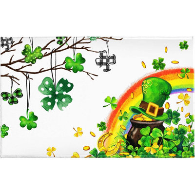 Bath Rug Lucky Clovers Bathroom Mats 32X20 Inch For Laundry Room Colorful Elf Hat Rainbow Non-Slip Bathroom Rugs