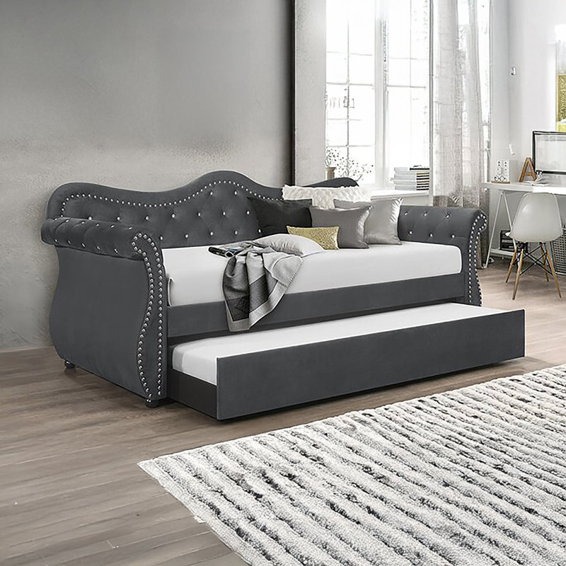 Upper Shockerwick Twin Solid Wood Upholstered Daybed with Trundle, Gray, Twin