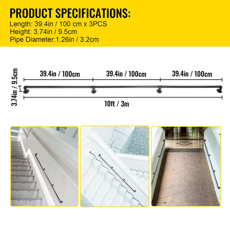 Pipe Stair Handrail 10ft Carbon Steel 3 Pieces Black Round Corner