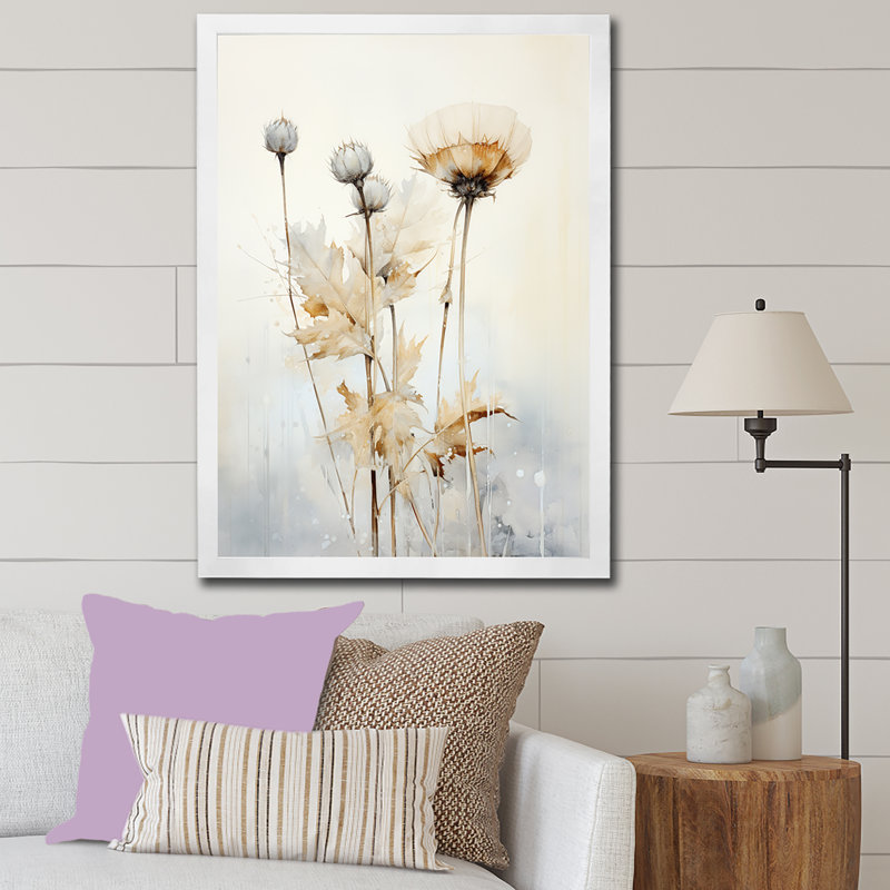 «Beige chardon», art mural de salon chardon, H 44 po x l 34 po, Cadre simple blanc