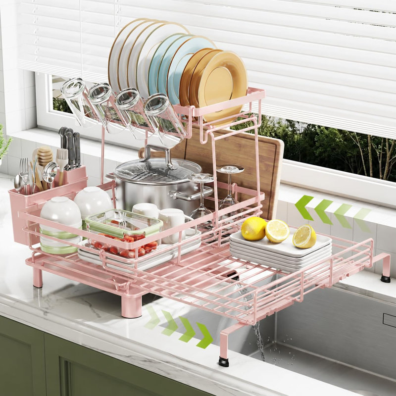 Égouttoir à vaisselle extensible à 2 niveaux pour comptoir de cuisine, support à vaisselle de grande capacité, acier au carbone robuste, capacité de 17 lb, bec de drain pivotant et crochets à tasses (rose)