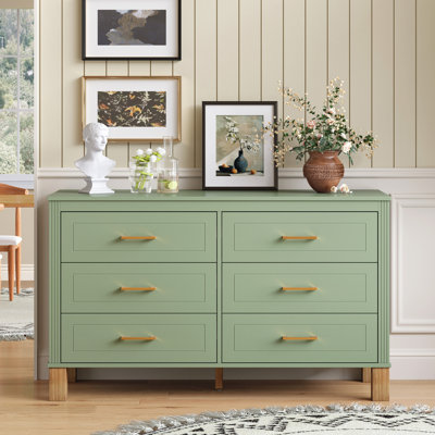 Commode double 6 tiroirs en vert sauge, armoire de rangement moderne avec poignées en métal et pieds en bois massif, organisateur en bois robuste pour enfants et adultes