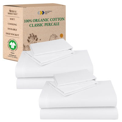 California Design Den Pack of 2 100% Organic Cotton Sheet Sets - Crisp Percale, Lightweight, Breathable and Durable
