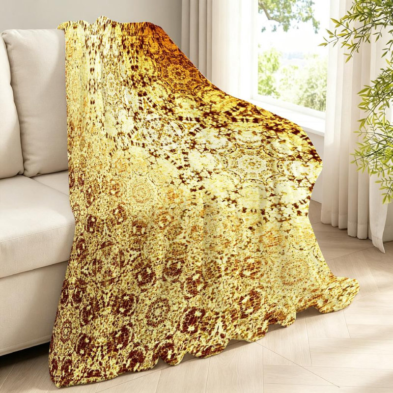 Jeté en flanelle dorée molletonnée en flanelle dorée, imprimé oriental simple, Throw 40" x 50"