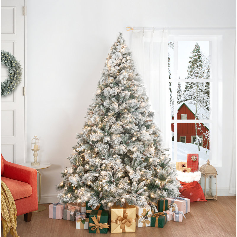 6.5ft Snow-Flocked Prelit Pine Christmas Tree with Pine Cones and Metal Stand