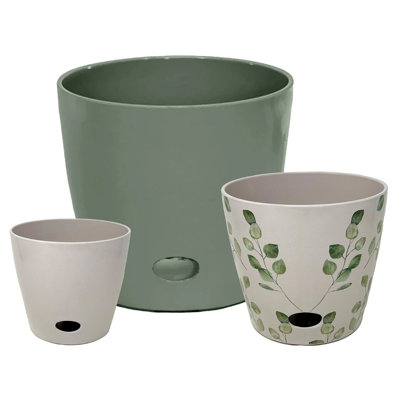 Bamboo Blooms Self-Watering 3-Piece Planter Set – 10, 7 & 5 inch Round Assorted Colors & Designs