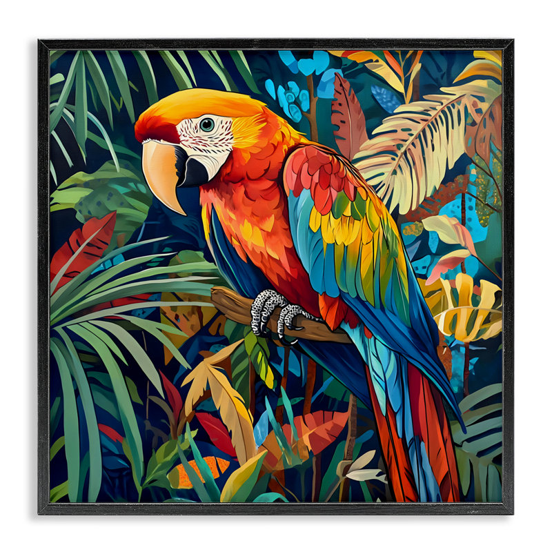 Perroquet de la jungle au milieu des feuilles, estampe numérique, design par LSR Design Studio, H 17 po x l 17 po