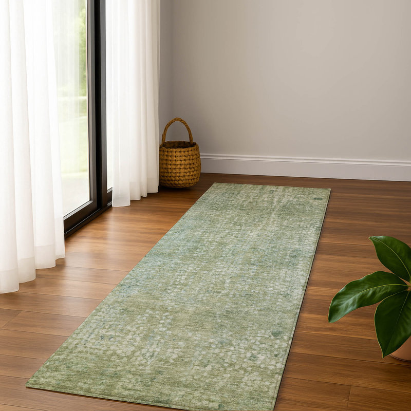 Premium Machine Washable Mayfield AMF2087 Abstract Rug, 2'3" x 7'6" Runner, Green