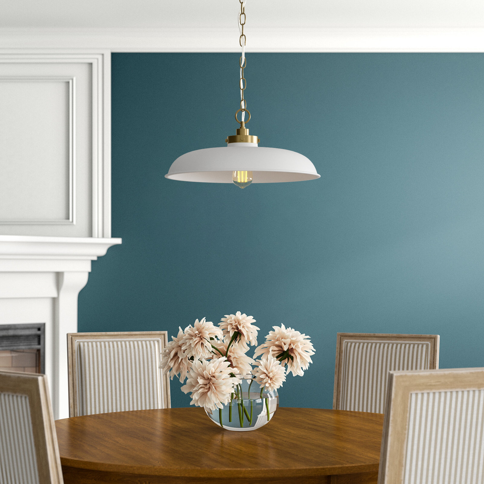 Tateos Single Light Steel Dimmable Pendant, Matte White, Burnished Brass
