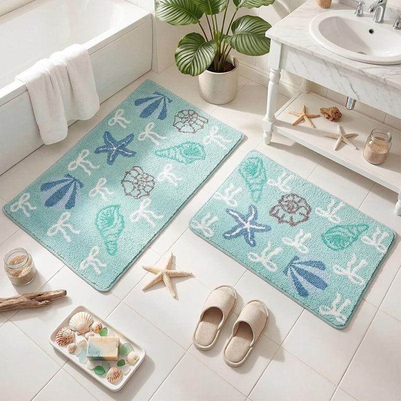 Ensemble de tapis de salle de bain 2 pièces, tapis de sol absorbant en flocage à thème de plage avec motif coquillage et étoile de mer, lavable à la machine, bleu sarcelle