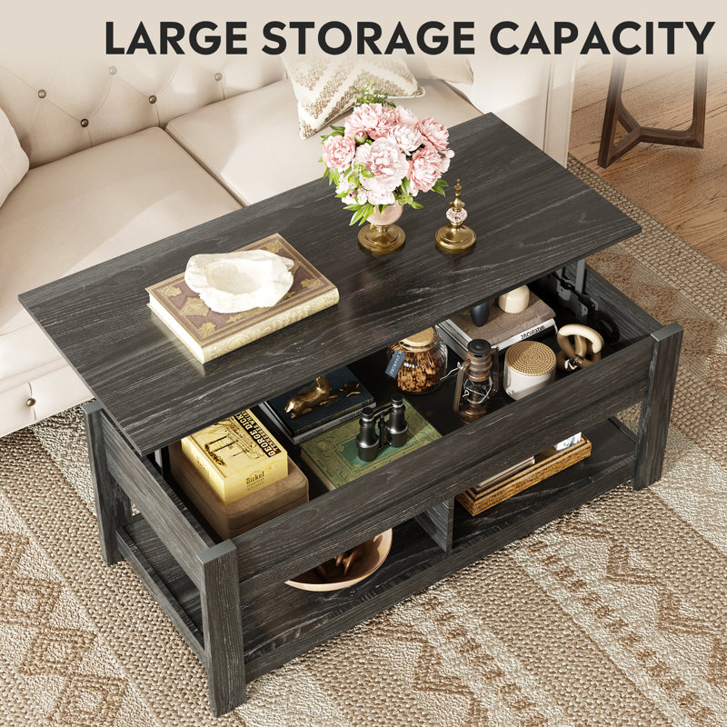 Sparta 47.3'' Lift Top Extendable Coffee Table With Hidden Storage & Open Shelf, Lift Top Coffee Table with Stable Legs, Square Living Room Table with Storage