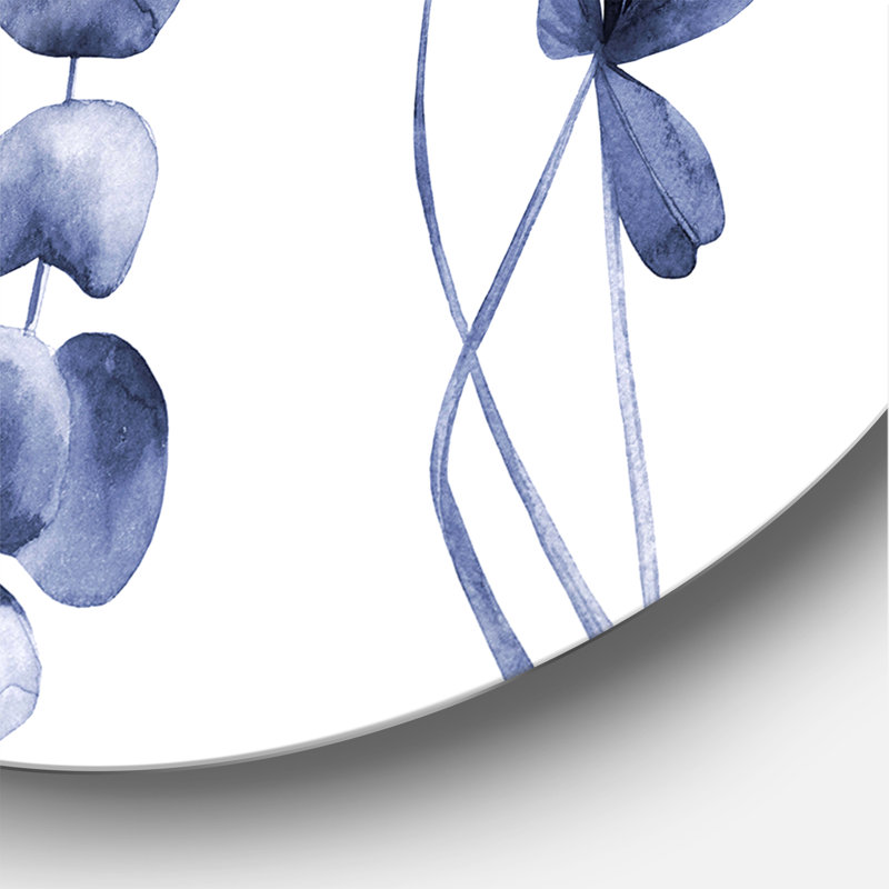Bleu marine eucalyptus I - art mural traditionnel en cercle métallique, H 29 po x l 29 po x P 1 po