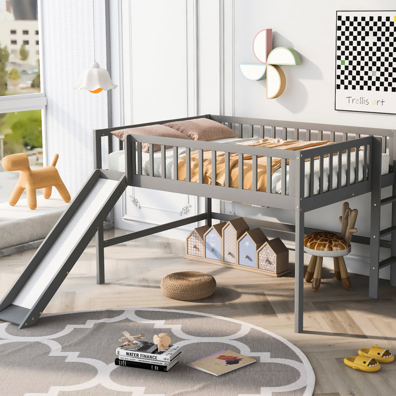 Lit mezzanine bas gris avec glissade détachable et coffre-fort, Lit double, Gris
