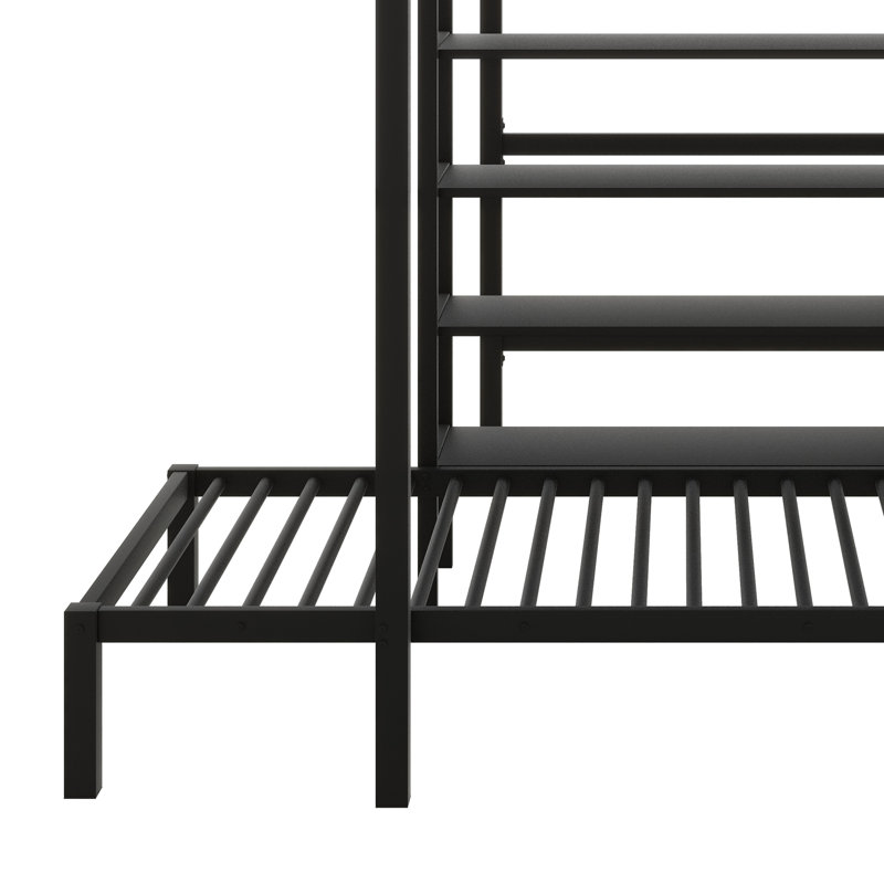 Lit double superposé double au-dessus de simple avec bureau intégré, tablettes et échelle, Noir