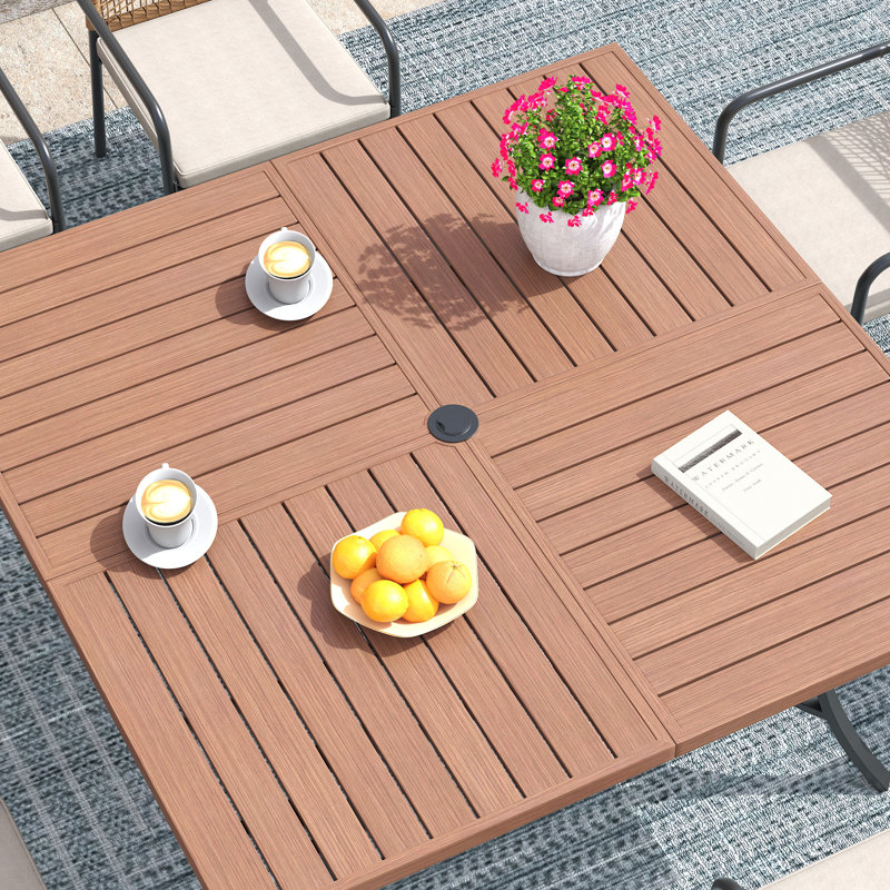 8-Person Patio Dining Set with Extra Large Square Dining Table and Cushioned Stackable Rattan Chairs, Brush Wood Brown