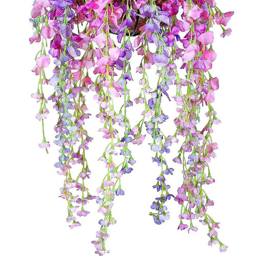 Primrue Silk Wisteria Hanging Basket Arrangement in Basket | Wayfair