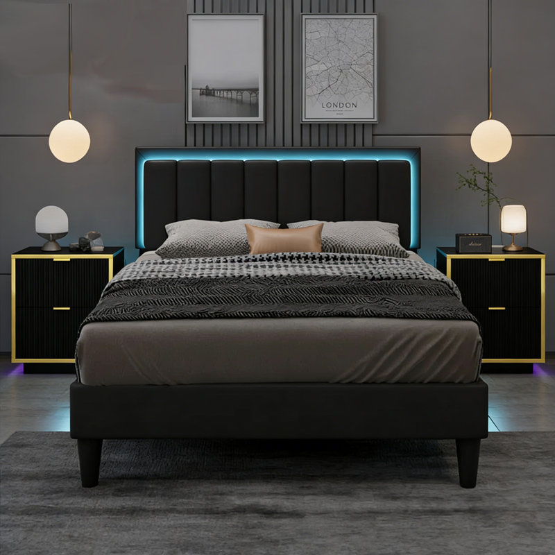 Smart LED Leather Platform Bed with 2-Piece Modern LED Nightstand Set – 3-Piece Illuminated Bedroom Suite, Queen