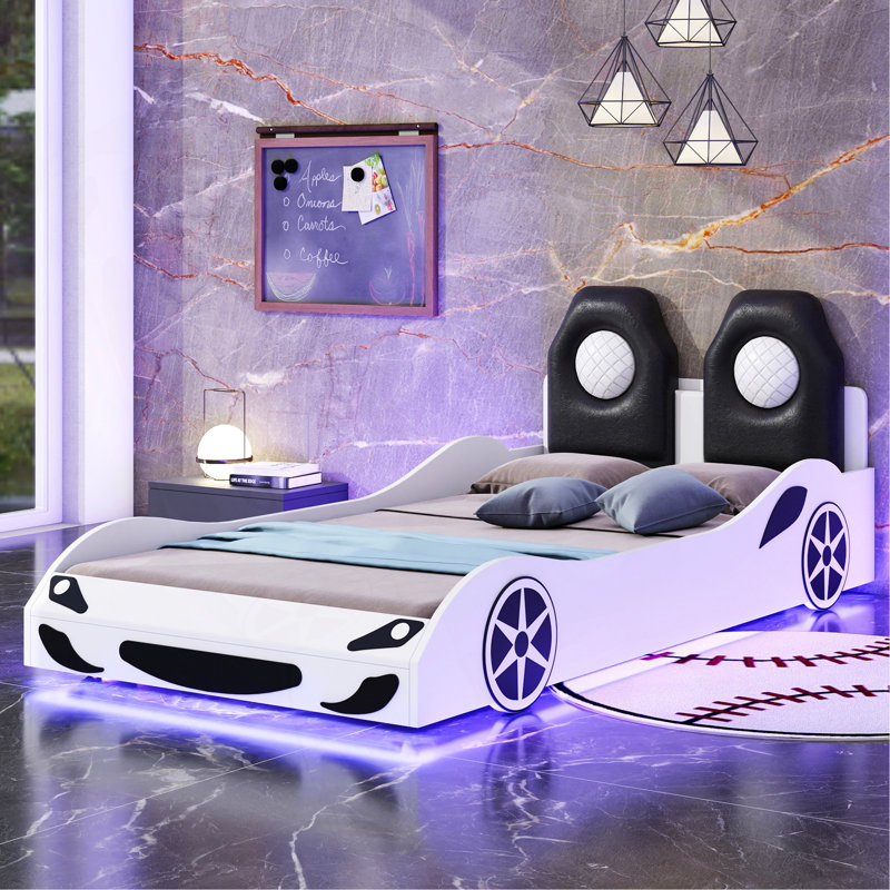 Lit plateforme en bois pour voiture de course avec DEL et dossier rembourré, blanc