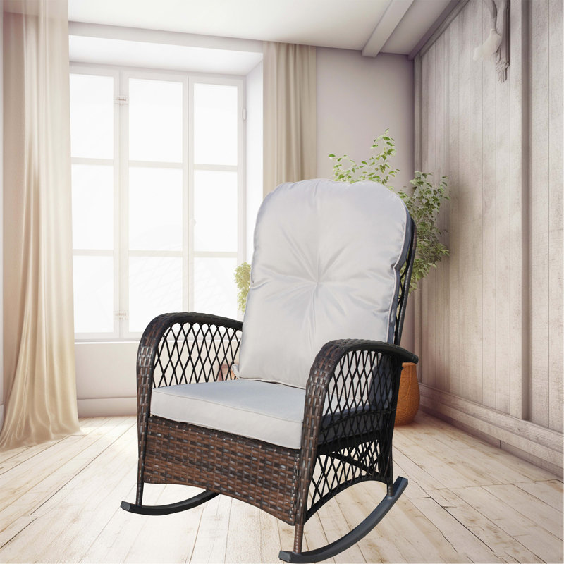 Chaise berçante d'extérieur en osier avec assise large, coussin épais et moelleux, chaise berçante en rotin avec structure en acier, capacité de poids élevée pour patio, jardin, cour arrière, coussin gris