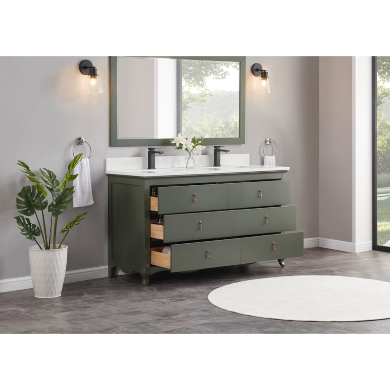 60" Solid Wood Sink Vanity  With 1' Artificial Stone Top, Pewter Green