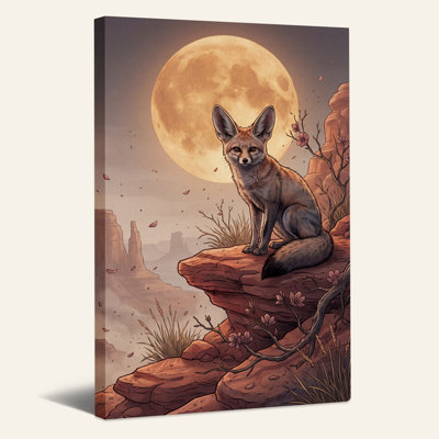 Toile murale d'Halloween représentant un renard assis sur un rebord rocheux rouge sous la pleine lune
