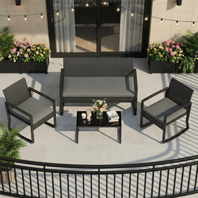 4-Piece Patio Conversation Set with Rocking Chairs and Coffee Table, All-Weather PE Rattan Wicker with Cushions, Outdoor Porch or Backyard Seating