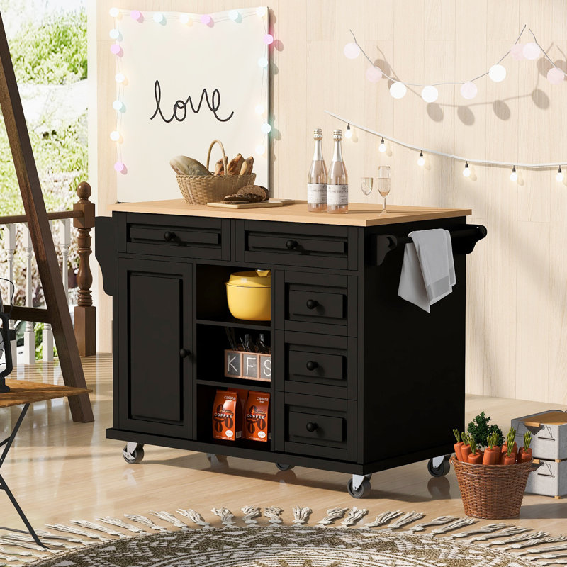 Kitchen Cart With Rubber Wood Desktop Rolling Mobile Kitchen Island, Black