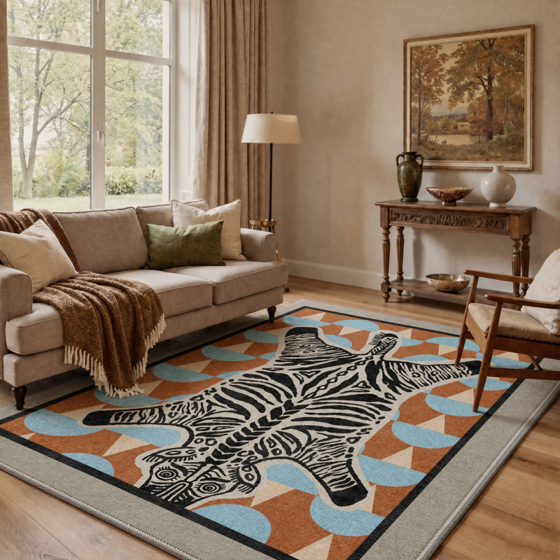 Tapis noir / orange à imprimé animal lavable à la machine avec envers antidérapant, Rectangle 9' x 12'