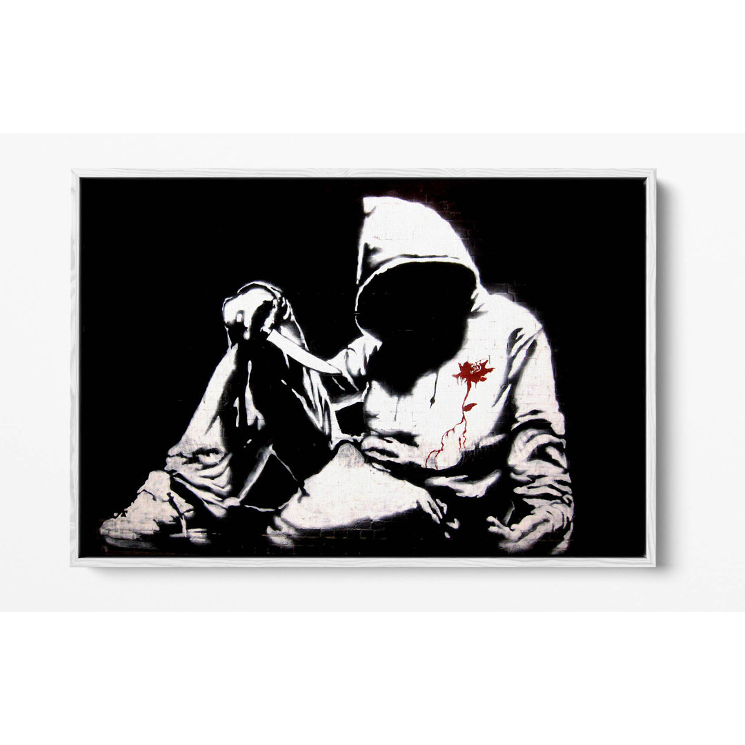 Banksy Hooded Knifeman Graffiti Canvas Floater Frame Print Picture Art - White Frame