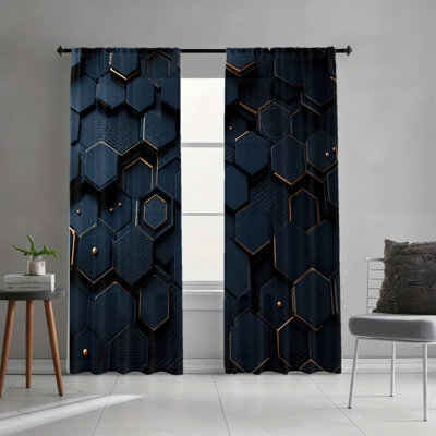 2 Panels Light Filtering Curtains, Black Gold Textured Dot Hexagon Geometric Aesthetic Print Home Decor, Easy Hang Rod Pocket Design, All Season Window Drapes for Living Room Bedroom Dormitory and Cabinet Decoration