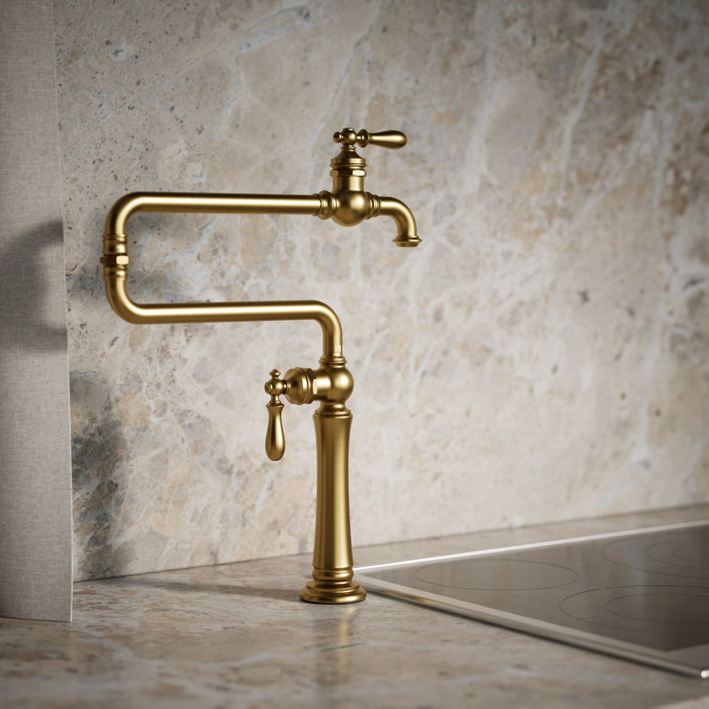 Artifacts Single-Hole Deck-Mount Pot Filler with Extended Spout, Vibrant Brushed Moderne Brass