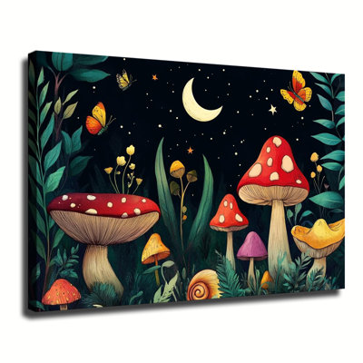 Illustration magique d'une forêt de champignons nocturne avec lune et papillons colorés, grande toile tendue sur châssis pour salon ou chambre.