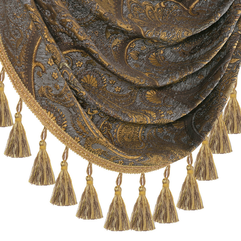 Classic Swag Valance with Tassels, Bronze Jacquard Waterfall Valance, 39" Window Treatment 1 Panel, 39" W x 45" L