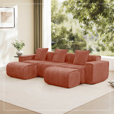 3 Seat U Shape Sectional Boneless Sofa with French Edge Piping, No Assembly Required,3-Seat Sofa Couch with Throw Pillows and 2 Movable Ottomans