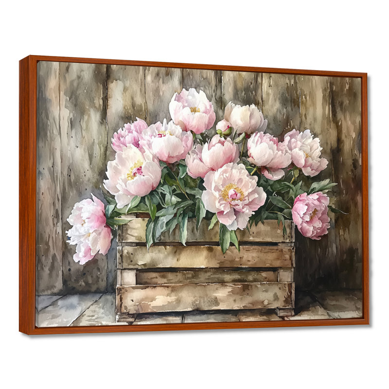 Pivoine campagnarde - Bouquet de pivoines, H 30 po x l 40 po, Floater Framed, Brun