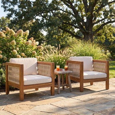 Fauteuil club d'extérieur en bois d'acacia, chaise longue de patio à accoudoirs tissés ajourés avec coussin lavable amovible pour terrasse de jardin près de la piscine