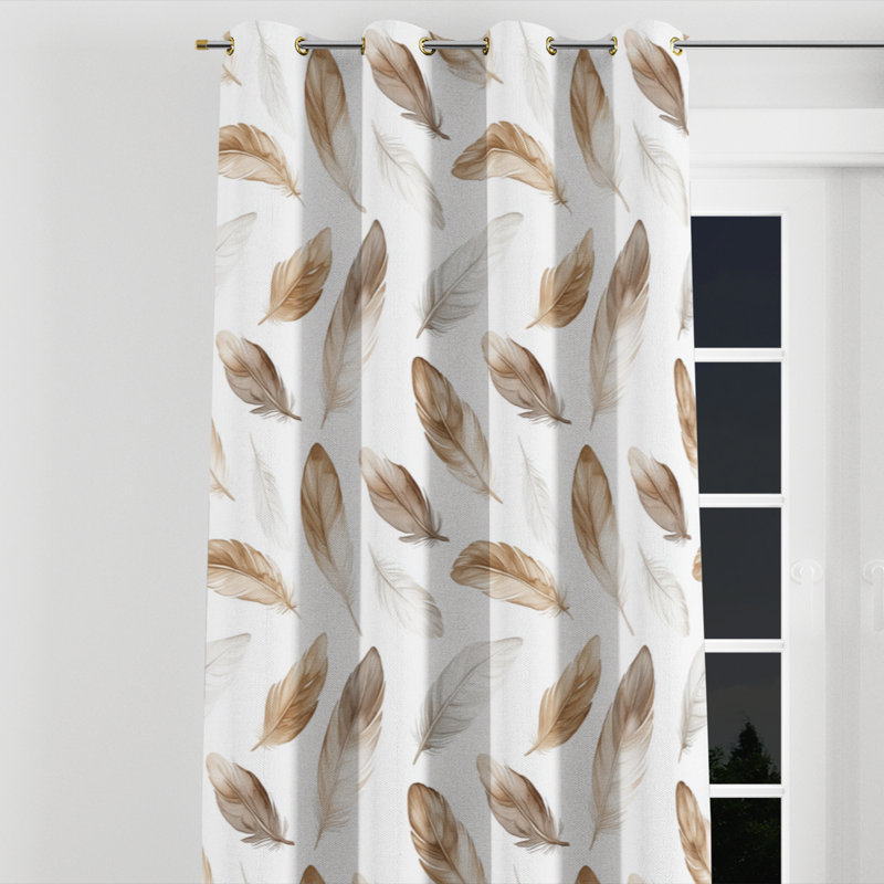 Floral Window curtains - Classic Boho Feathers Soft Grommet Curtain - 1 Panel, 52" W x 95" L, Gold Grommets