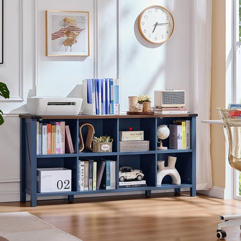 Farmhouse Wood Long Storage Organizer Bookcase, (2 Shelves)  29.7" H x 62" W x 13.6" D, Blue