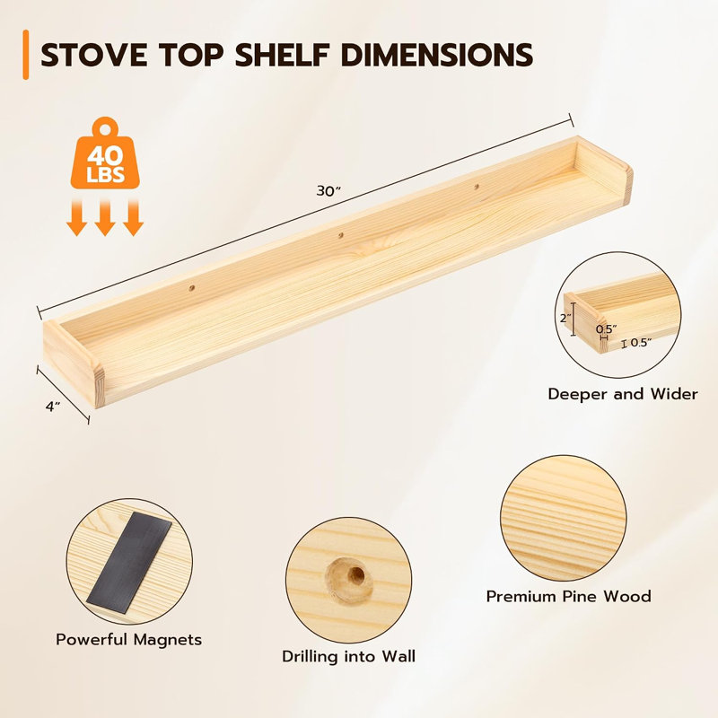 Tablette magnétique pour poêle de cuisine, tablette en bois de pin, tablette murale pour rangement à domicile, résistante à la chaleur et à la pression, 1 pièce, naturel