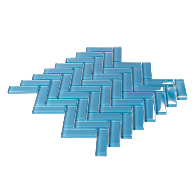 11"X 12.6" Herringbone Polished Glass Mosaic Tile, Sky Blue