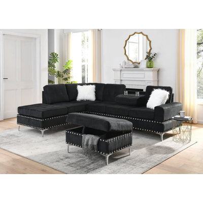 Sectional 3-Seaters Sofa With Reversible Chaise, Storage Ottoman And Cup Holders, Metal Legs And Copper Nails,Two White Villose Pillows ,Black(107.5" X 80.5" X36")